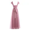 Pink Scoop Neck Lace Long Tulle Prom Dresses Robe de Soiree Cap Rękaw V Backless Druhna Dress