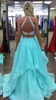 Ice Blue Ruffles Long Two Piece Prom Dresses Sexy Beaded Graduation Party Dresses Open Back Evening Formal Gowns for Teen Girls