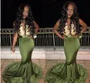 Azeitona verde Prom africanas 2021 Gold Lace apliques Satin Mermaid Evening menina vestidos de preto Cocktail Formal vestido de festa