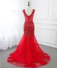 Elegant Girls Dress O Neck Open Back Mermaid Accented Bling Beading Red Tulle Long Party Formal Evening Dresses For Women Prom Dress