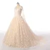 Splendido abito da sposa champagne economico 2018 taglie forti con maniche lunghe in rilievo con scollo a barchetta e abiti da sposa in pizzo nuovo