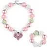 Pink Chunky Necklace Bracelet Jewelry Sets DIY Kids Bubblegum Acrylic Bead Heart Charms Pendants for Children Girls Wholesale
