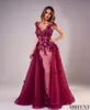 Tony Chaaya Suknie wieczorowe z odpinanym pociągu Burgundia Koraliki Syrenka Prom Suknia Koronkowa Aplikacja Bez Rękawów Party Dress