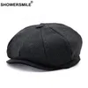 Showersmile Black Grey Wool Hat Man Newsboy Caps Herringbone Tweed Warm Winter Octagonal Hat Male Female Gatsby Retro Flat Caps S1324Z