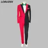 Irregular Red Black Men Suits Magician Clown Performance Stage Outfits Nightclub Male Singer Host Blazers Pants 2 Piece Set Hip-Hop Costume