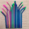 10 pcs Rainbow Reusável Metal Beber Studys Silicone Dicas de Aço Inoxidável Cabo Straight com Cleaner Brush Bar Festa Acessório