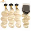 BEMISS HAIR® BRAZILIAN BODY WAVE 613 Blond Human Hair Buntar med stängning Obehandlat Virgin Hair Rak 1B 613 Bundlar med Frontal