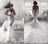 Sexig Sheer 2018 sjöjungfru spets bröllopsklänningar v nacke illusion knäppas tillbaka domstol tåg tulle bröllopsklänning brudklänningar skräddarsydda