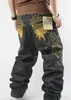 Geborduurde patroon hip-hop jeans broek hiphop casual losse plus vet grote maat skateboard mannen jeans broek