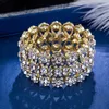 Bröllop smycken lyx full kristall strass guld färg armband för kvinnor brud stretch rep breda armband armband gåva3383033