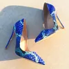 2018 NOUVELLE ARRIVÉE Femmes Chaussures Bleu Serpent Imprimé Sexy Talons Aiguilles 12 cm/10 cm/8 cm Bout Pointu Femmes Pumps33-45 yard