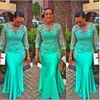 Turquoise African Mermaid Evening Dress Vintage Lace Nigeria Long Sleeve Prom Dresses Aso Ebi Style Evening Party Gowns