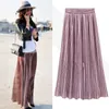 Samuume 2018 Bright Gold Sequined Stretch High Waist Pleated Novelty Metallic Color Large Swing Saia Midi Skirts Female A1601018