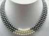 Collier de perles naturelles noires et blanches, 3 rangées de 7 à 8MM, 17 à 19 pouces