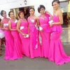 New Gorgeous One Shoulder Fushia African Long Bridesmaid Dresses Satin Beaded Ruffles Mermaid Maid of Honor Gowns for Wedding Custom Made