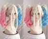 Ny peruk gratis frakt Harley Quinn Blue och Pink Medium Curly Hair Cosplay Wig