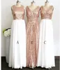 2018 Rose Gold Sequin Top White Chiffon Skirt Long Cheap Bridesmaids Dresses V neck Jewel Style Ruched For Wedding Country Prom Formal Dress