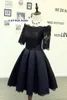 Omuz kapalı Siyah Saten Balo Elbise Diz Boyu Saten ile Aplike Yarım Kollu Dantel-up Geri Parti Elbiseler Ucuz Kraliyet Mavi, Fildişi