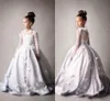 New Princess Ivory Girls Pageant Dresses Long Sleeves Handmade Flowers Illusion Sweep Train Girls Pageant Dresses For Juniors Open Back