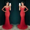 Muhteşem Kırmızı Boncuk Kristal Mermaid Abiye Tül Balo Elbise Uzun Örgün Parti Elbise Pageant Törenlerinde Ünlü Özel Günlerinde