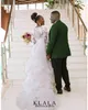 Arabisch Spitze Meerjungfrau Brautkleid Perlen Rüschen Organza Lange Ärmel Tiered Gericht Zug Brautkleider Nigerianischen Vestido De Novia