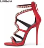 Femmes Sexy rouge sandales à talons hauts avec chaîne noir à lanières talons extrêmement hauts dames blanc Stiletto été robe de soirée chaussures