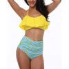Traje de baño de cintura alta 2018 Bikinis sexys para mujer Punto de onda Volantes Bandeau vintage Conjunto de bikini con parte inferior a rayas Trajes de baño con volantes Flou8052379