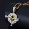 Collana con pendente a bussola ghiacciata Bling Catene con zirconi cubici Regali di gioielli con ciondoli color argento oro hip-hop di alta qualità