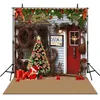 Joyeux Noël Fête Photo Booth Toile de Fond Imprimé Guirlande Décoré Arbre De Noël Présent Boîtes Rouge Porte Bar Photographie Fond