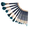 Jessup 15 pcs pincéis de maquiagem conjunto de pó foundation Eyeshadow Eyeliner contorno contorno corpule escova ferramenta azul / darkgreen