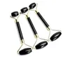 Natural Black Obsidian Carved Reiki Crystal Healing Gua Sha Beauty Roller Facial Massor Stick with Alloy Gold-Plated