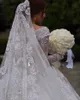 2020 Ball Gown Wedding Dresses Dubai Off Shoulder Lace Tulle Applique Long Sleeve Wedding Gowns Sweep Train Sequins Vintage Bridal Dress