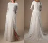 Abiti da sposa modesti color avorio con maniche lunghe Boho Lace Tulle Lds Abiti da sposa Maniche lunghe Split A-line Abito da sposa personalizzato