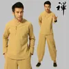 Boeddhistische meditatie mannen Traditionele Chinese Kung Fu Sets Katoen Linnen Blouse Elastische Taille Broek Losse Tang Pak Etnische kleding voor mannen