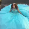 Ljusblå bollklänning prinsessan quinceanera klänningar mössa ärmar