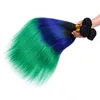 Tre ton # 1b / Blå / Grön Ombre Brasiliansk Virgin Human Hair Buntar Deal 3pcs Lot Silky Rak Human Hair Weaves Weft Extensions