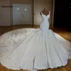 Vestidos de novia de sirena Abiye de lujo, vestidos de novia de encaje con tren largo Watteau con cuentas de cristal, vestido de novia de Dubái, Casamento