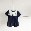 2018 New Hot Ins Summer estilo coreano Baby Boy Simple Casual Navy Collar Suit Cuello redondo Blusa de manga corta Bordado Rayas Shorts 1T-3T