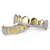 18K Real Gold Teeth Grillz Caps Iced Out Top Bottom Vampire Fangs Dental Grill Set Whole4592507
