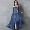 Off Shoulder Summer Women Denim Dress Sexy Slash Neck Long Sleeve Jeans Split Long Dresses Casual Party Dress Female Belt 2018