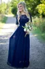 カントリーブライドメイドドレス結婚式のためのホットロングネイビーブルーシフォン短袖