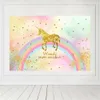 Grattis på födelsedagen guld unicorn fotografi bakgrund tryckta stjärnor regnbåge nyfödd prinsessa baby barn akvarell fest fotobås bakgrund