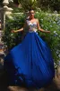 Sexy Haft Szyfonowy Prom Dresses Moda Royal Blue Sheer Jewel Neck Zipper Powrót Suknie Wieczorowe Zobacz przez Sweep Pociąg Suknie Wieczorowe