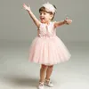 Flower Pink First Communion Dress 2022 White Ball Gowns Short Baby Party Birthday Cheap Little Flower Girl Dress With Bow 3M 6M 12M 19M 24M
