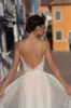 2020 Gali Karten Bröllopsklänningar En Linje Spaghetti Sweep Train Lace Applique Pärlor Beach Bröllopsklänning Illusion Billiga Bridal Gown Plus Storlek