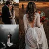 Plus Size Bohemian Wedding Gowns With Long Sleeve Sexy V Neck Lace Sweep Train Beach Boho Garden Country Bridal Gowns robe de mariee