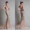 New Champagne Mermaid Prom Dresses High Jewel Neck Lace Applique Illusion Button Back Formal Party Gowns Formal Evening Gowns Custom