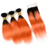 Ombre 1b 350 Orange Farbe Spitzeschliessen Mit Bundles Silk Gerade Menschliches Haar Spinnt Mit Spitze Schließung 4 Teile / los Virgin Russische Haar
