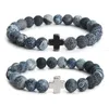 Jln Matt Tiger Eye Onyx Hematite Cross Bracelet Gemstone Power Beads 남자 여자를위한 구슬 스트레치 팔찌