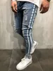 Jean Slim Fit pour hommes, trous délavés, bleu clair, déchiré, Jean de motard, pantalon HipHop Papper avec ligne blanche